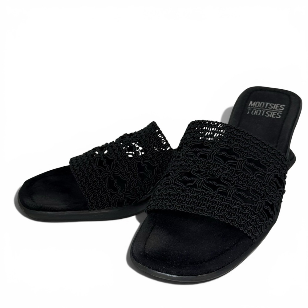 Mootsies Tootsies Womens 8 Black Crochet Wedge Slide Sandals Comfort Mules EUC!